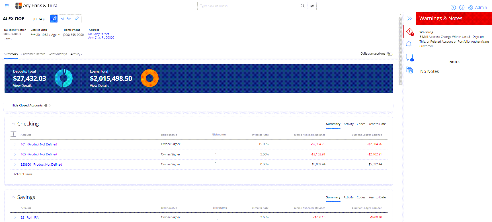 Customer Dashboard with Tax Identification number, Date of Birth, Phone Numbers, and Address, and the Customer Summay page below.