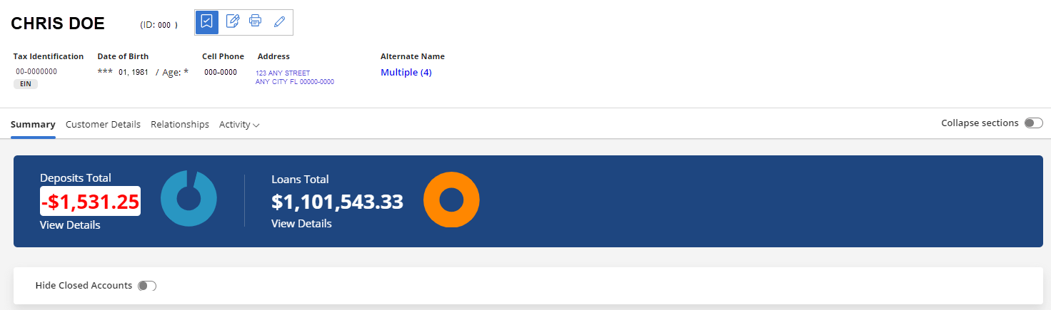 Customer Dashboard with Tax Identification number, Date of Birth, Phone Numbers and Address displayed.