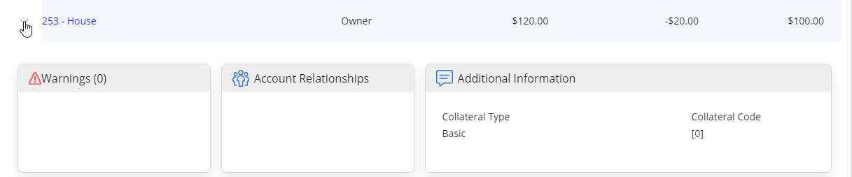 Collateral table with account expanded to show Warnings, Account Relationships, and Additional Information