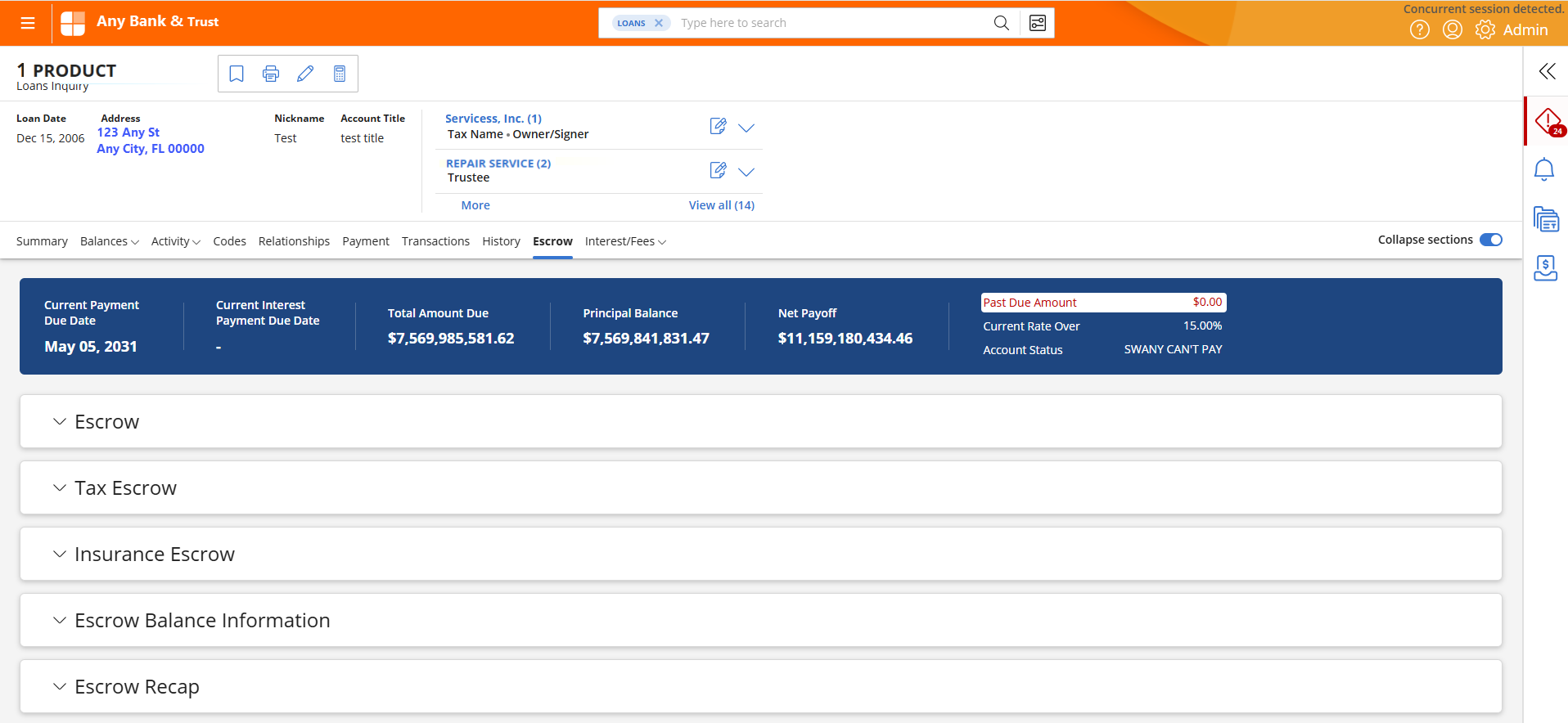 Escrow page with tiles for Escrow, Tax Escrow, Insurance Escrow, Escrow Balance Information, and Escrow Recap.