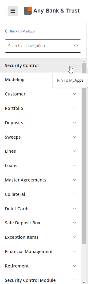 Left Side Pane with list of applications