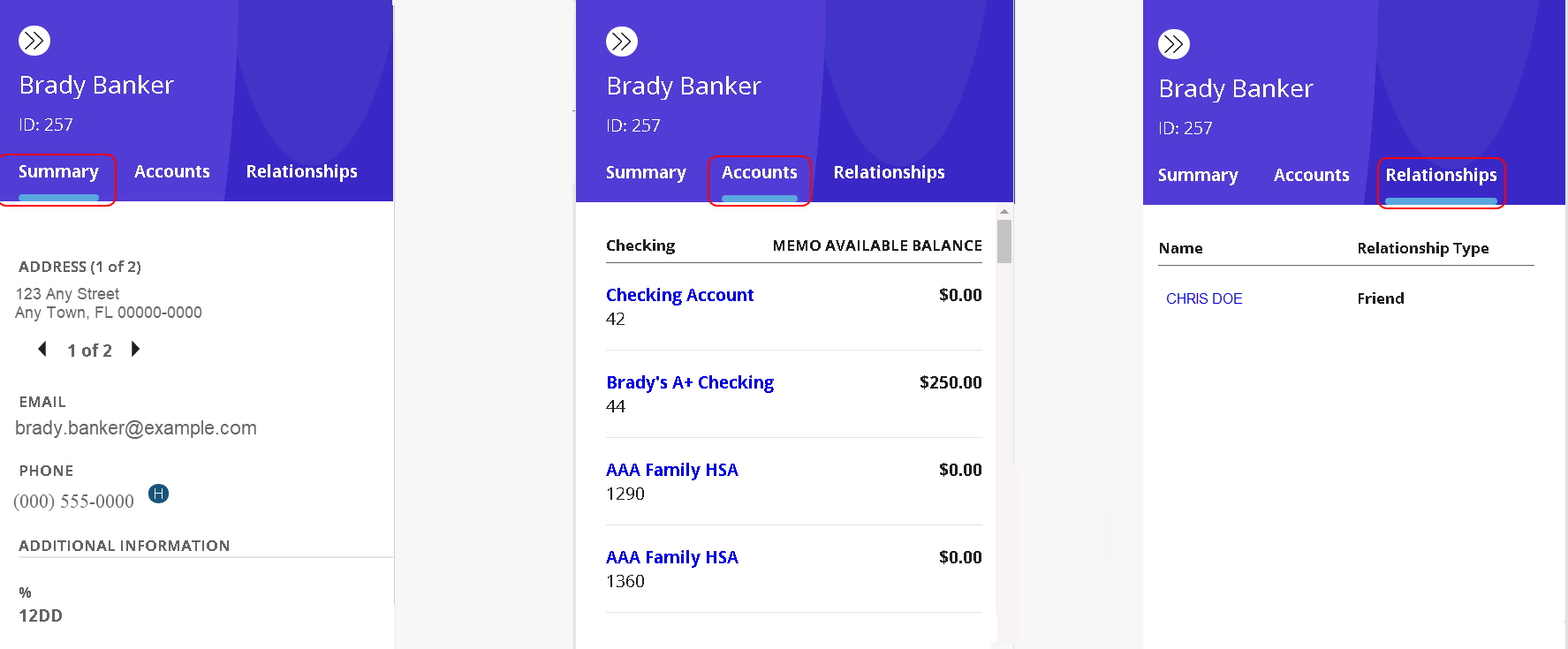 The right-side window displays customer information on the Summary, Accounts, and Relationships tabs.