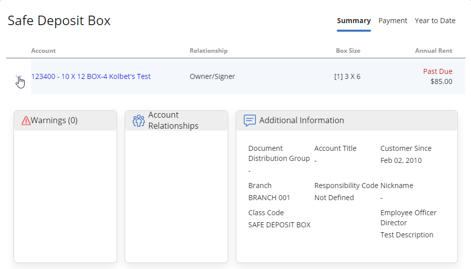 Safe Deposit Box table with account expanded to show Warnings, Account Relationship, and Additional Information 