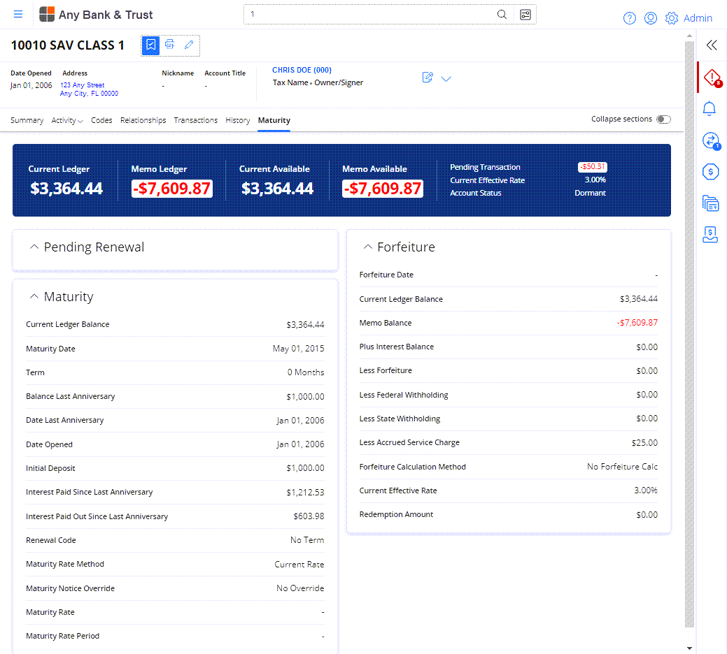 Maturity page with Pending Renewal, Maturity, and Forfeiture tiles.