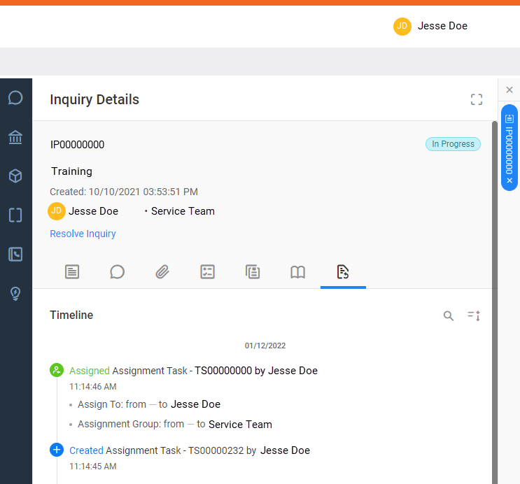 Inquiry details with Activity Timeline tab active.