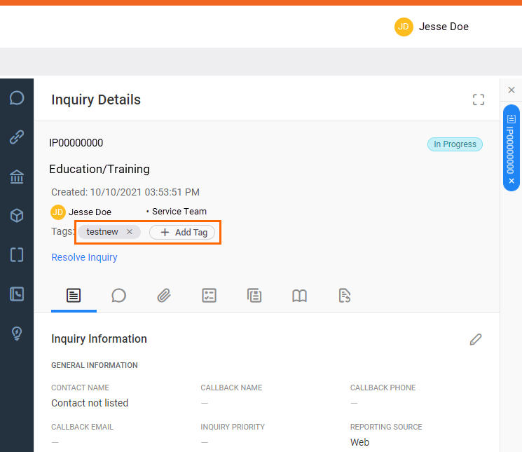 Inquiry details with orange box around the inquiry tags.