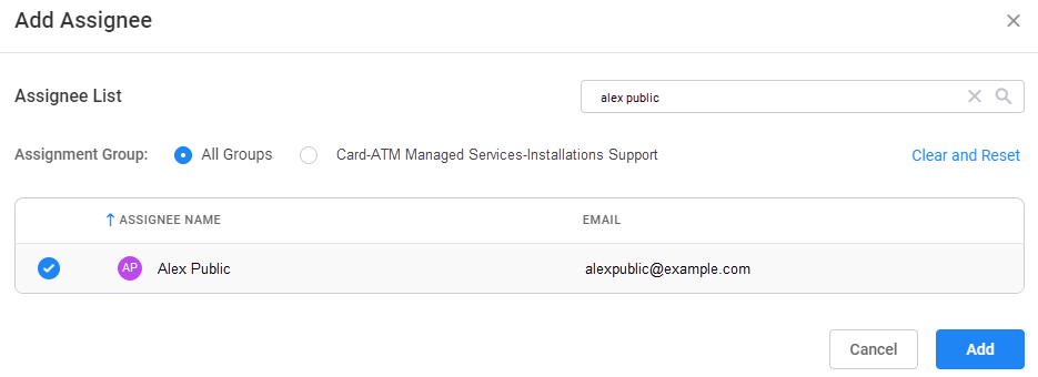 Image showing the Add Assignee window.