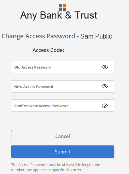 Change Access Password page with fields for current and new password.